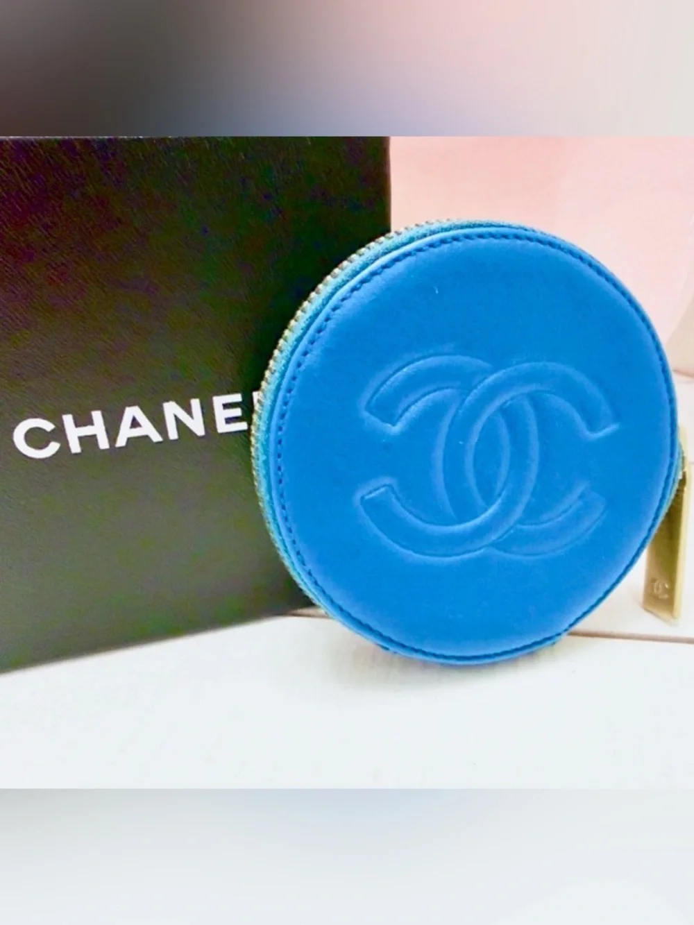Rare Chanel Blue CC Logo Round Camellia Flower Lambskin Coin Purse Wallet